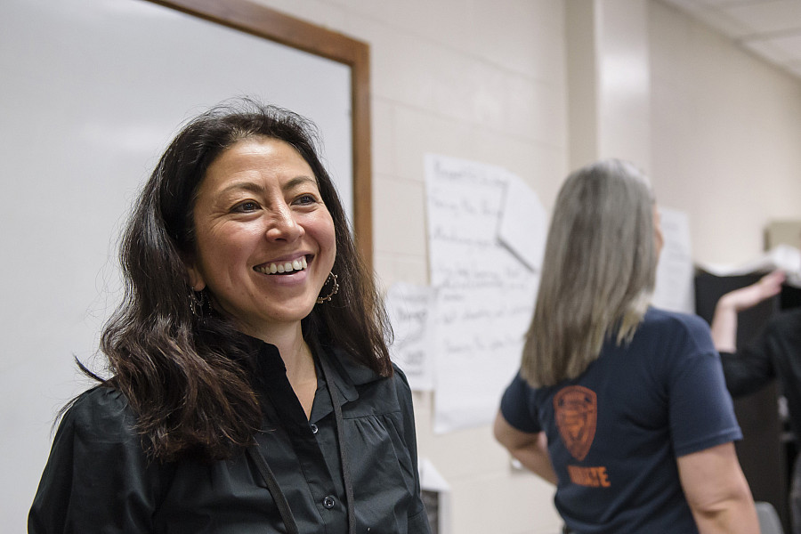 Reiko Hillyer, professor of history, teaches her popular Crime and Punishment course at the Columbia River Correctional Institution in No...
